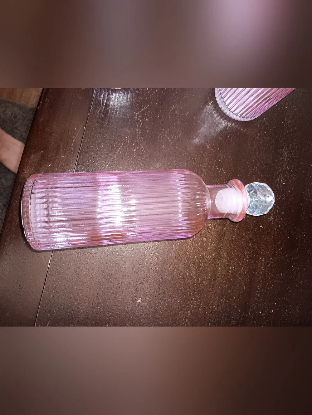 Unk Pink Glass Ribbed Vanity Bottles with Crystal Stoppers